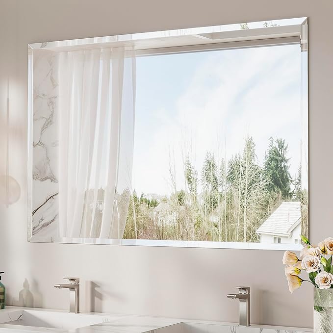 Keonjinn Beveled Bathroom Mirror 55” x 36“, Rectangle Mirrors for Bathroom Sink, Large Wall Mirror,Shatterproof, Modern Decorative for Living Room, Entryway, Bedroom, Horizontal/Vertical