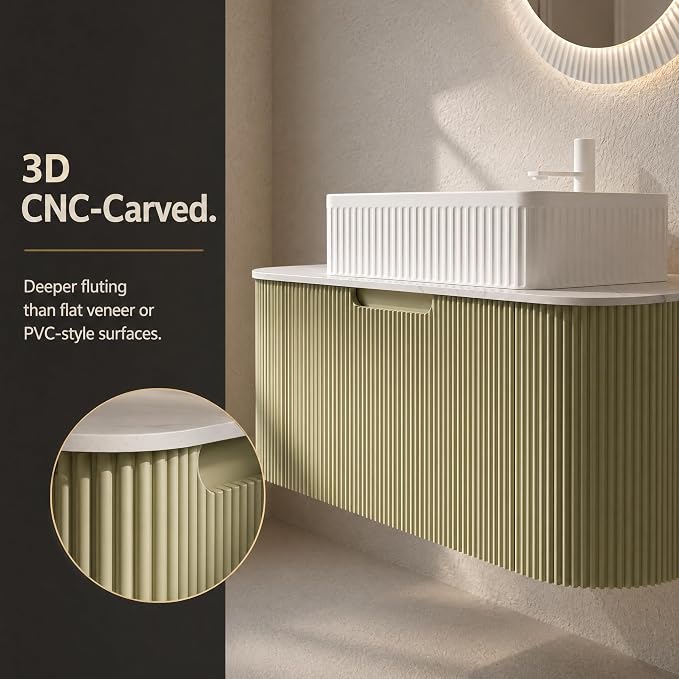 30 Inch Bathroom Vanity with Sink, Floating Wall Mounted Single Sink Vanity, Sage Green Curved Fluted Front, Stone Top, White Textured Rectangular Vessel Basin, Pre-Assembled