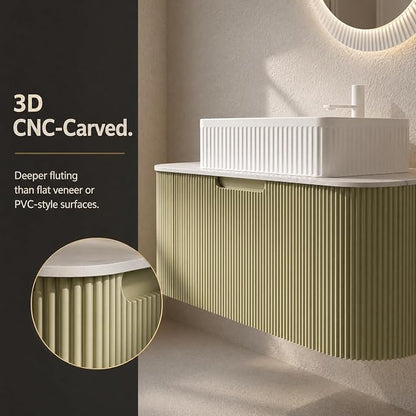 30 Inch Bathroom Vanity with Sink, Floating Wall Mounted Single Sink Vanity, Sage Green Curved Fluted Front, Stone Top, White Textured Rectangular Vessel Basin, Pre-Assembled