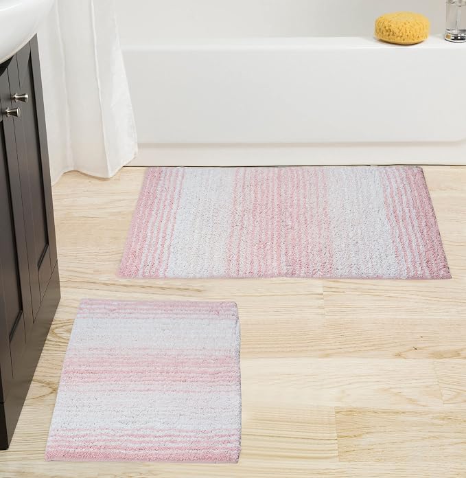 Home Weavers 100% Cotton Gradiation Collection Bathroom Décor | Washable Rug | Bathroom Mat | Kitchen Mat | Bathroom Rug Set | Bath Mat Set | Bath Floor Mat Non Slip, 2 Piece Set(S+M), Pink