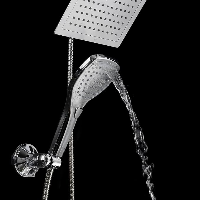 Dream Spa Ultra-Luxury 9" Rainfall Shower Head/Handheld Combo. Convenient Push-Button Flow Control Button for easy one-handed operation. Switch flow settings with the same hand! Premium Chrome | Enjoy Extra-wide Flow Coverage and Convenient Push-button...