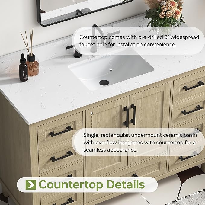 48-Inch Oak Bathroom Vanity with Sink, Fully Assembled Storage Cabinet Featuring 2 Soft-Close Doors & 5 Extendable Drawers, Carrara Engineered Stone Countertop, and Backsplash