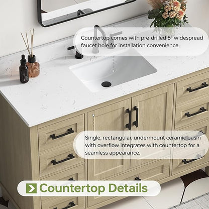 48-Inch Oak Bathroom Vanity with Sink, Fully Assembled Storage Cabinet Featuring 2 Soft-Close Doors & 5 Extendable Drawers, Carrara Engineered Stone Countertop, and Backsplash