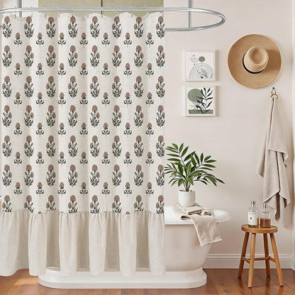 ORTIGIA Linen Textured Ruffle Shower Curtain with Metal Hooks, Vintage Terracotta Brown Floral Block Print Boho Waterproof Bath Curtain for Rustic Farmhouse Bathroom Decor 72x72 Inch