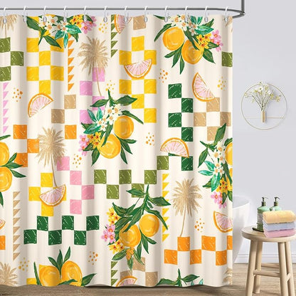 Yellow Lemon Shower Curtain with Hooks for Bathroom 72x72 Inch | Waterproof Summer Green and Pink Citru Fruits Shower Curtain Set, Soft Bathroom Decor, Machine Washable