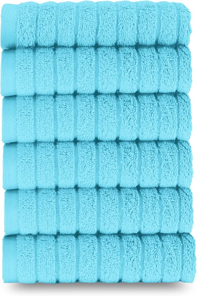 Elegant Comfort 100% Turkish Cotton Corduroy Ribbed Luxury Washcloths 6 Pack Soft 13 x 13 Inch - Higly Absorbent, Durable, Quick Dry, Spa Premium Hotel Quality for Bathroom or Travel, Aqua