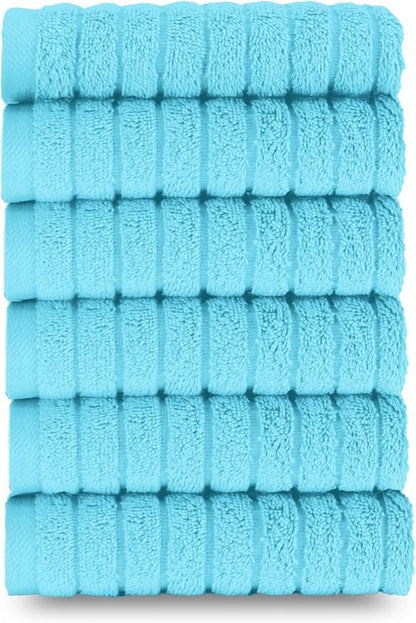 Elegant Comfort 100% Turkish Cotton Corduroy Ribbed Luxury Washcloths 6 Pack Soft 13 x 13 Inch - Higly Absorbent, Durable, Quick Dry, Spa Premium Hotel Quality for Bathroom or Travel, Aqua