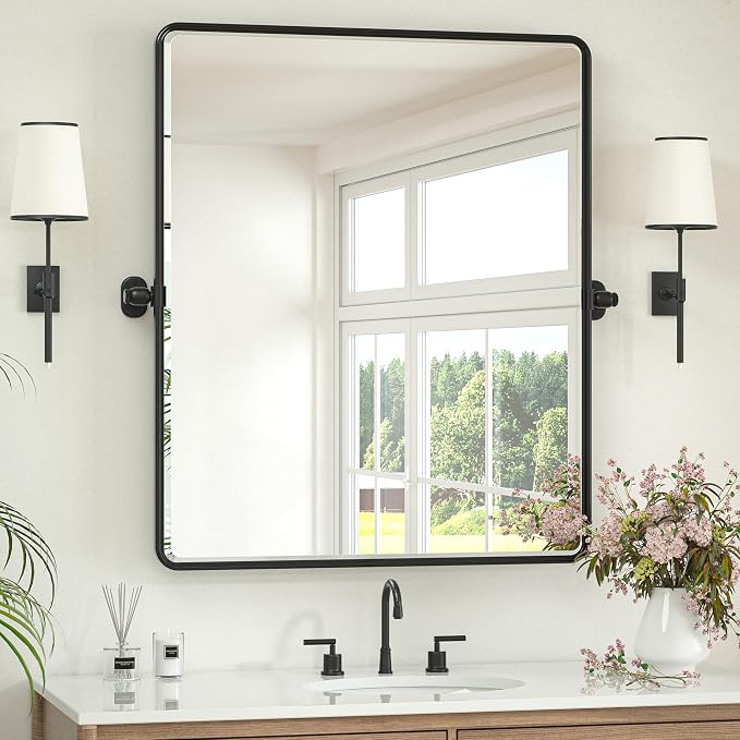 Keonjinn 30x36 Inch Black Povit Mirror for Bathroom, Tilt Mirror | Tenmpered Glass, Rectangle, Adjustable Bathroom Mirrors for Over Sink, Farmhouse, Metal Framed, Horizontal/Vertical