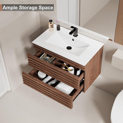 LUCKWIND 30" Floating Bathroom Vanity with Sink, Mid-Century Wall Mounted Big Drawer Cabinet with Large Sink, Water Saving Faucet and Wood Stripes Style, Walnut
