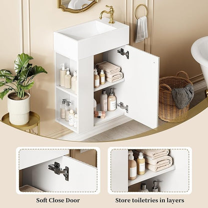 Merax 18.5" White Bathroom Vanity, Wall Mounted Floating Vanity with Doors & Open Shelf, Bathroom Storage Cabinet with White Ceramic Integrated Sink
