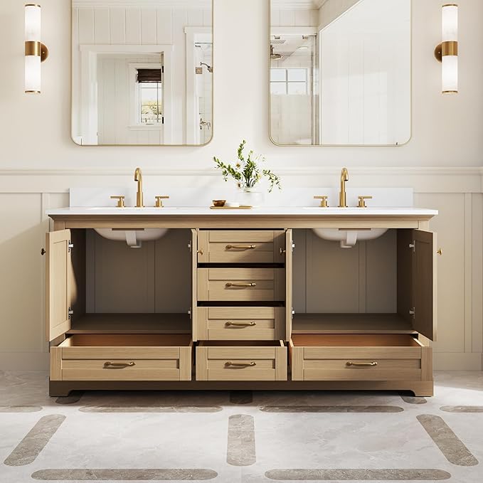 WELLFOR 72 Inch Bathroom Vanity with Double Sinks, Solid Wood Bathroom Vanity W/4 Soft-Close Doors and 6 Drawers, Cultured Marble Countertop Bathroom Vanities W/Two Sinks (Oak)