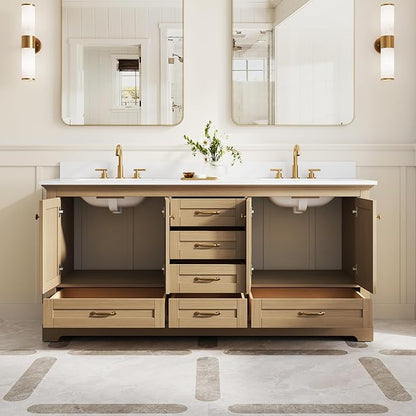 WELLFOR 72 Inch Bathroom Vanity with Double Sinks, Solid Wood Bathroom Vanity W/4 Soft-Close Doors and 6 Drawers, Cultured Marble Countertop Bathroom Vanities W/Two Sinks (Oak)