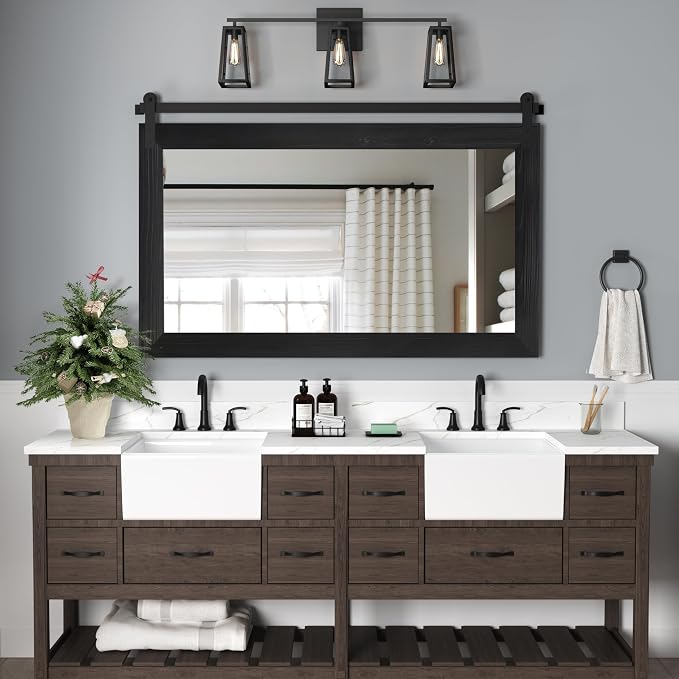 COGOOD Farmhouse Bathroom Mirrors for Over Sink - 30 x 41 Black | Rustic Barn Door Wood Framed Vanity Mirror for Entryway, Living Room, Bedroom, Dresser Wall Decor