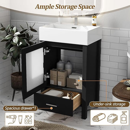 Merax 20 Inch Bathroom Vanity with Ceramic Sink and Ample Storage,Ideal for Small Bathrooms,Black