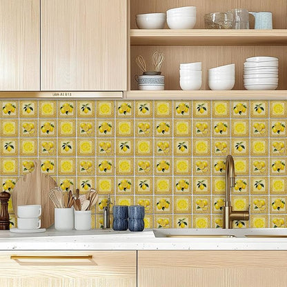 36 Pcs 4 Styles Retro Lemon Patten Tile Sticker Lemon Blossom Patten Wall Tile Stickers Waterproof Self Adhesive Stick on Decals for Kitchen Bathroom Wall Art 4×4 Inch