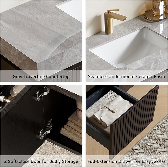 48” Floating Bathroom Vanity with Sink, Wall-Mounted Cabinet with Drawer & Doors, Gray Travertine-Pattern Sintered Stone Top, Undermount Basin, Single Faucet Hole, Soft-Close, Pre-Assembled, Dark Oak