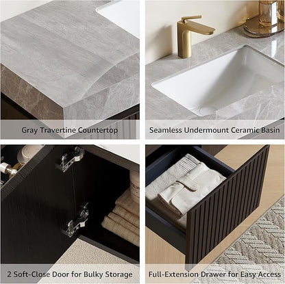 48” Floating Bathroom Vanity with Sink, Wall-Mounted Cabinet with Drawer & Doors, Gray Travertine-Pattern Sintered Stone Top, Undermount Basin, Single Faucet Hole, Soft-Close, Pre-Assembled, Dark Oak
