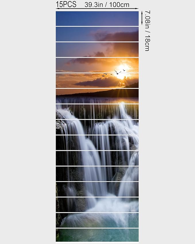 FLFK Waterfall Stair Stickers - Set of 15, Peel and Stick Stair Riser Decals, 39.3"x7.08"
