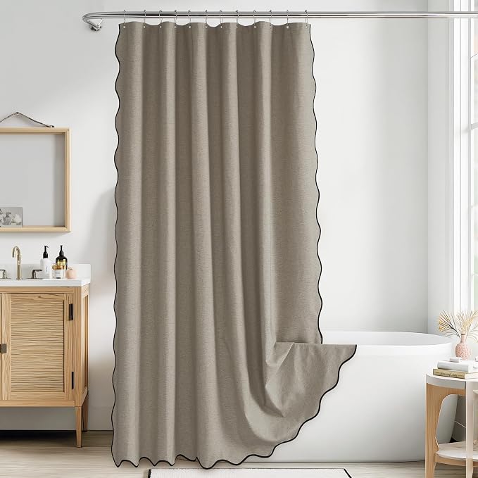 KGORGE Scalloped Shower Curtain with 12 Metal Hooks for Bathroom, Waterproof Privacy Linen Heavy Duty Cute Washable Shower Curtain Set for Bathtub Hotel Decor, Khaki, 72 x 72 inches