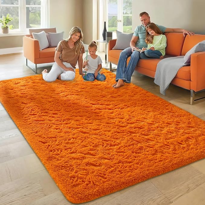 Ophanie Orange Rugs for Living Room Bedroom, 5x8 Fluffy Fuzzy Furry Carpet, Plush Soft Shaggy Bedside Indoor Floor Area Rug for Kids Nursery Home Decor with Over 999 pcs Non-Slip Backing Pattern