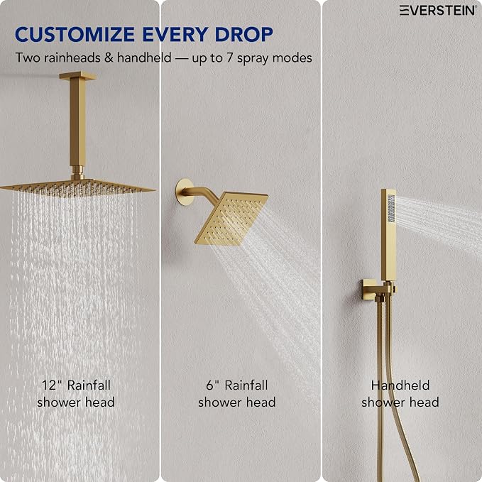 Ceiling Mount 12" High-Pressure Rainfall Shower Faucet, Dual Rainfall Shower Head System with Valve (Brushed Gold)