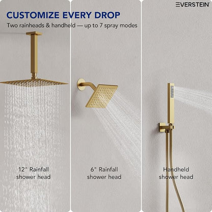Ceiling Mount 12" High-Pressure Rainfall Shower Faucet, Dual Rainfall Shower Head System with Valve (Brushed Gold)