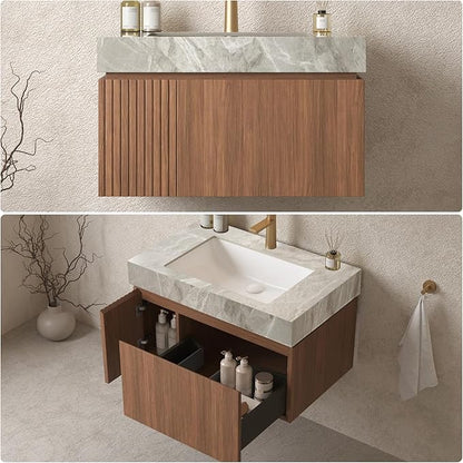 30" Bathroom Vanity with Sink, Wall-Mounted Plywood Bathroom Storage Cabinet with Ceramic Basin & Sintered Stone Countertop, Modern Pre-Assembled Floating Vanity with Drawer & Door, Brown Oak