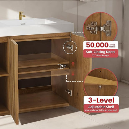 60" Bathroom Vanity with Double Sink, Freestanding Double Sink Bathroom Vanity with White Engineered Stone Top, Open Storage Cabinet & Adjustable Shelf, 4 Soft-Closing Doors, Light Oak