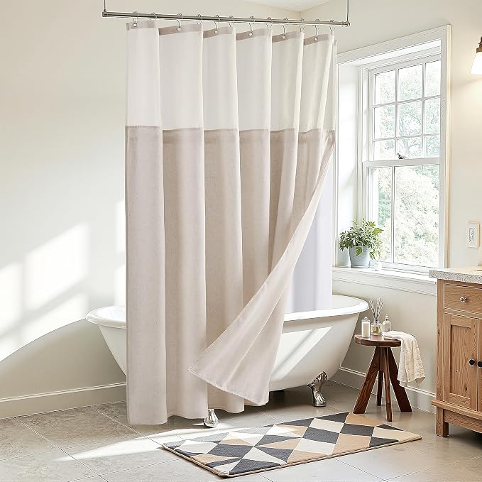 Linen Shower Curtain 72 Inches for Bathroom Boho Double Layer | 6ft, Curtains with Hook, Snap in Liner, Water Repellent, Boho Farmhouse, Modern Bath Decor, 1 Panel, 72x72
