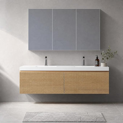 Floating Bathroom Vanity, 60" Wall Mounted Bathroom Cabinet with 2 Glossy White Stone Resin Sinks & U-Shaped Soft-Close Drawers, Pre-Assembled Striped Storage Vanity for Bathroom, Natural Wood