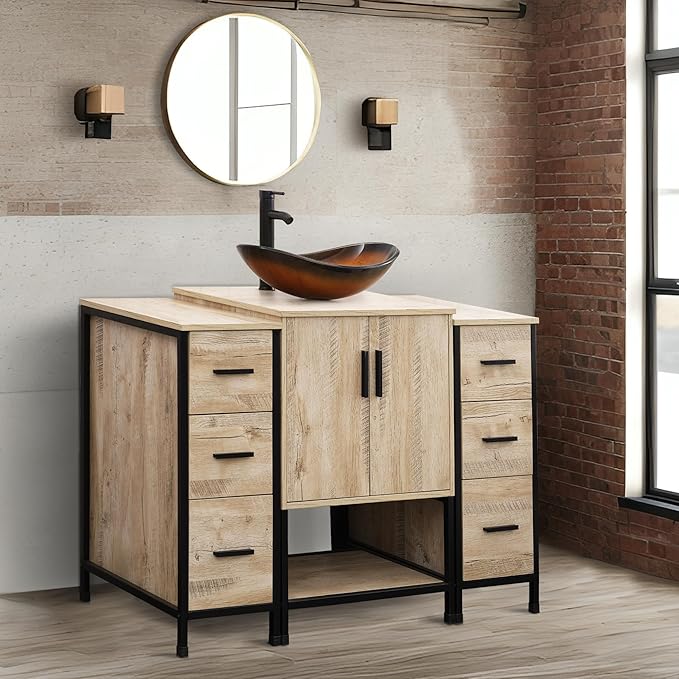 UEV 48" Rustic Oak Bathroom Vanity with Sink Combo,Industrial Iron Frame Bathroom Cabinet Sets with Double 3 Drawers Side Cabinet,Modern Brown Boat Tempered Glass Vessel Sink(029BR)