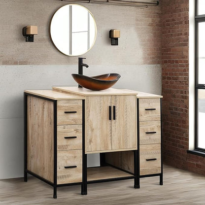 UEV 48" Rustic Oak Bathroom Vanity with Sink Combo,Industrial Iron Frame Bathroom Cabinet Sets with Double 3 Drawers Side Cabinet,Modern Brown Boat Tempered Glass Vessel Sink(029BR)