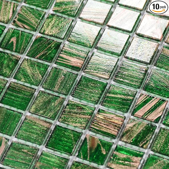11.5 sq.ft Green Glass Mosaic Tile for Bathroom, Pool, Kitchen Backsplash | Waterproof Wall & Floor Tile. Heat & frost resistant outdoors. Mesh-mounted easy install. Use any grout. Easy clean. 10pcs.