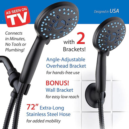 AquaCare High Pressure 8-mode Handheld Shower Head - Anti-clog Nozzles, Built-in Power Wash to Clean Tub, Tile & Pets, Extra Long 6 ft. Stainless Steel Hose, Wall & Overhead Brackets | Stay Clean Nozzles, Dual Power Wash for Tub, Tile & Pets, Long 6 ft...
