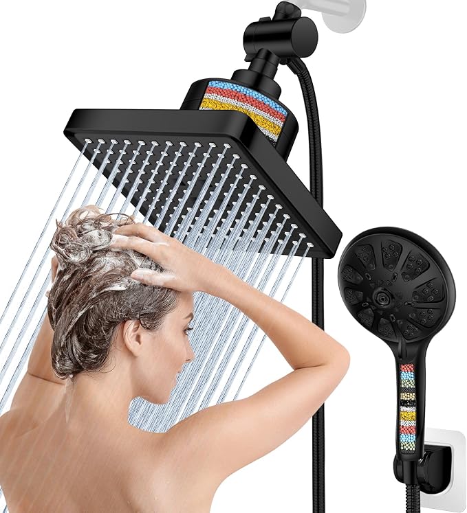 High Pressure Black Dual Filtered Rain Shower Head Combo for Hard Water | 10 Modes Handheld Shower Head Built in Water Filtration, 6 inch Rainfall Shower Head with Filter to Soft Water