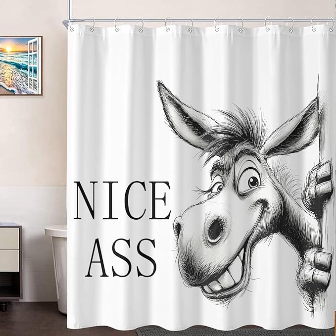 Funny Donkey Shower Curtain Rustic Farmhouse Shower Curtains for Bathroom Black and White Grin Donkey Fun Cute Animal Wildlife Waterproof Fabric Bath Curtain Decor 72 X 72 Inch