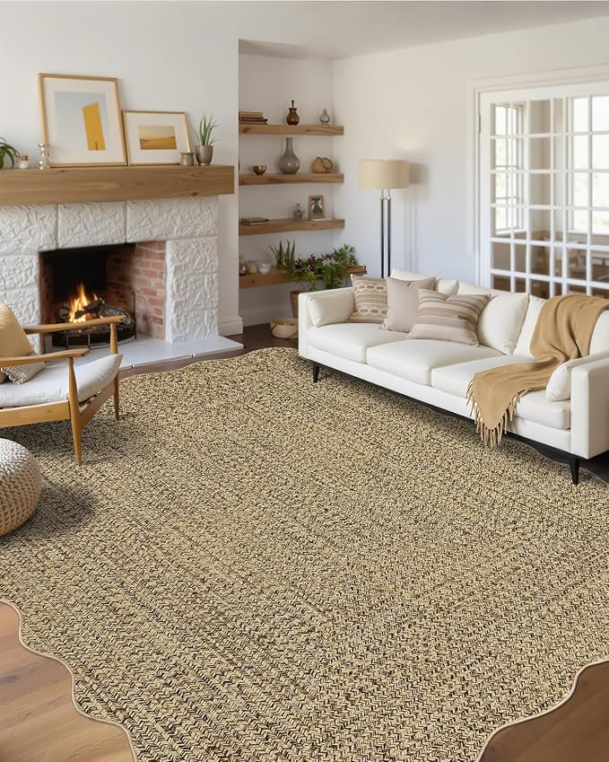 Imitation Braided Collection-Print Large Washable Rug 9x12 Non-Slip Area Rugs for Living Room, Natural Bordered Carpet, Stain Resistant Thin Foldable Floor Cover for Nursery Dining Room