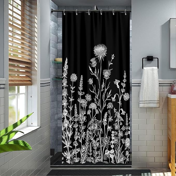 Vintage Black and White Boho Shower Curtain, Black and White Dark Floral Aesthetic Dark Wildflower Botanical Flowers Shower Curtain for Bathroom with Hook,Farmhouse Plant Art Chic Shower Curtain 36X72
