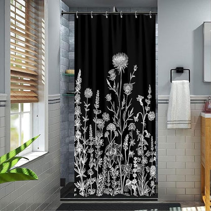 Vintage Black and White Boho Shower Curtain, Black and White Dark Floral Aesthetic Dark Wildflower Botanical Flowers Shower Curtain for Bathroom with Hook,Farmhouse Plant Art Chic Shower Curtain 36X72