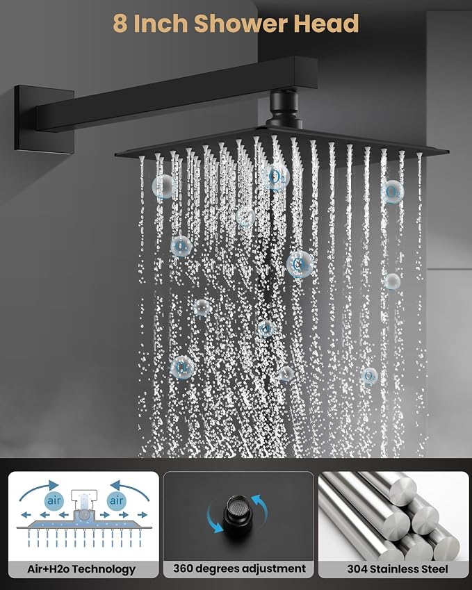 Airuida 8 Inch Matte Black Shower Faucet Set,Shower Valve Kit | Rainfall Shower Head and Handle Set,Female Thread Rough-in Valve Shower Kit,Single Function Shower System