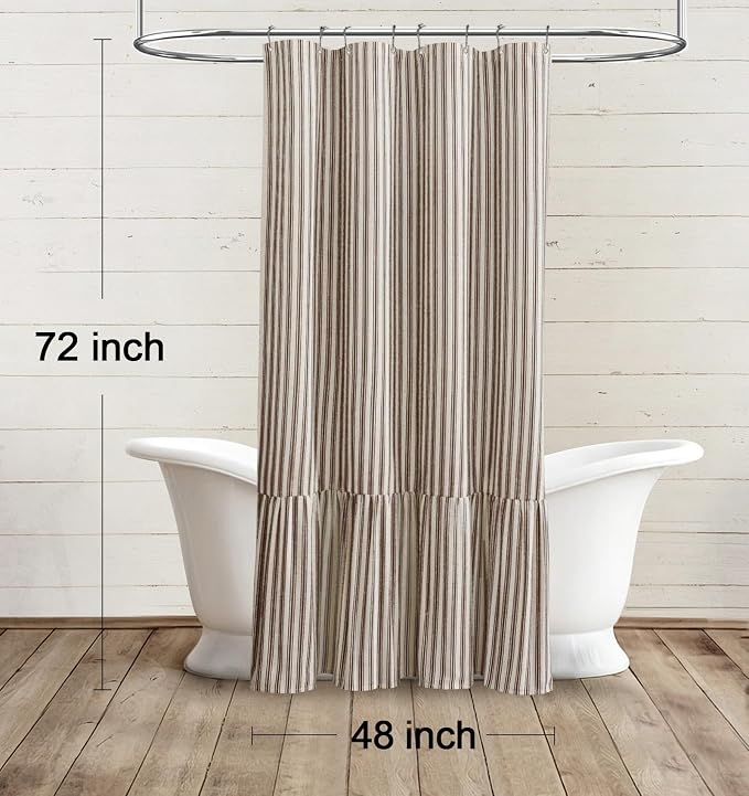 Farmhouse Shower Curtain Ruffle Linen Cream-Brown Stripe 48"W x 72"L | Farmhouse Boho, Striped, Bottom Ruffle, Linen Fabric, Rustic, Country, Natural Look, Washable, for Bathroom Bathtub