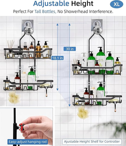 Shower Caddy Hanging Organizer, Extra Large Rack Over Showerhead with Hooks, Adjustable Height Shower Caddy for Big Shampoo Bottle, Black