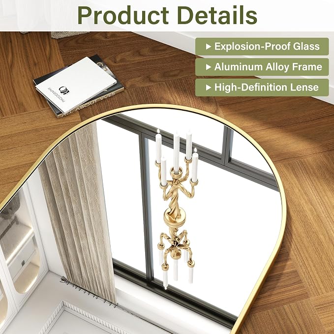 XRAMFY 32"x48" Arched Bathroom Mirror with Aluminum Frame Arched Wall Mounted Vanity Mirror for Entryway, Bedroom, Living Room, Gold