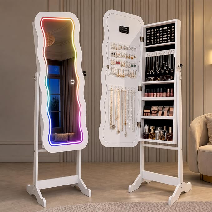 Fiqevs RGB Mirror Jewelry Cabinet, Remote Control LED Mirror with Storage | Standing Jewelry Organizer with Full Length LED Lighting Wavy Mirror, Lockable, Spacious Storage, Jewelry Armoire White