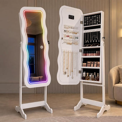 Fiqevs RGB Mirror Jewelry Cabinet, Remote Control LED Mirror with Storage | Standing Jewelry Organizer with Full Length LED Lighting Wavy Mirror, Lockable, Spacious Storage, Jewelry Armoire White