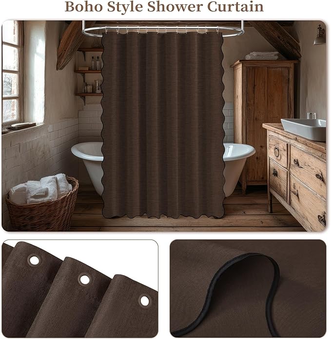 BTTN Extra Long Shower Curtain, 72x90 Boho Scalloped Linen Textured Heavy Duty Fabric Shower Curtain Set with Plastic Hooks, Large Vintage Farmhouse Waterproof Cloth Shower Curtain for Bathroom, Brown