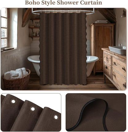 BTTN Extra Long Shower Curtain, 72x90 Boho Scalloped Linen Textured Heavy Duty Fabric Shower Curtain Set with Plastic Hooks, Large Vintage Farmhouse Waterproof Cloth Shower Curtain for Bathroom, Brown