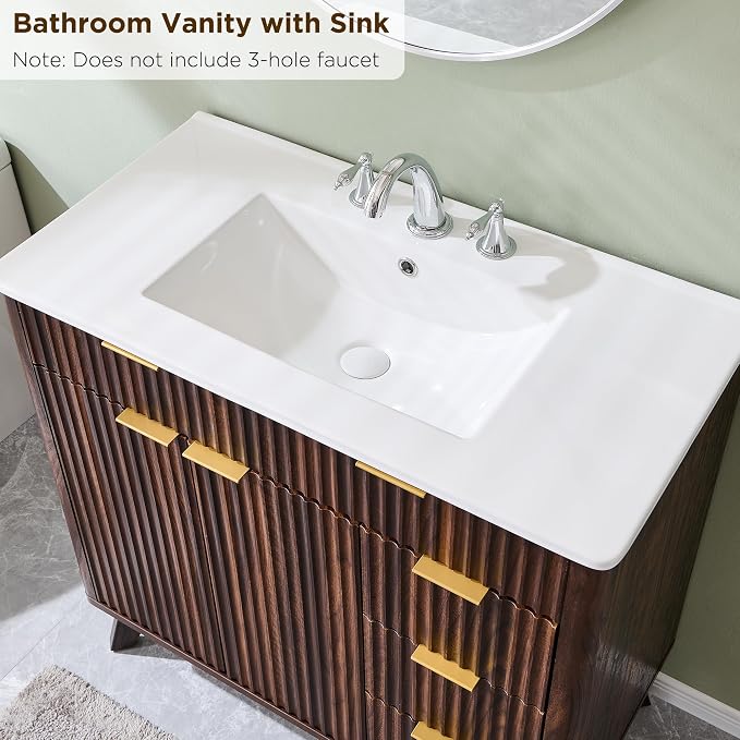 T4TREAM 36" Fluted Bathroom Vanity with Ceramic Sink Combo, Dark Walnut | Freestanding Modern Bathroom Storage Vanity Cabinet with 2 Soft Closing Doors & 3 Drawers, Wood Grain Texture, Metal Handle