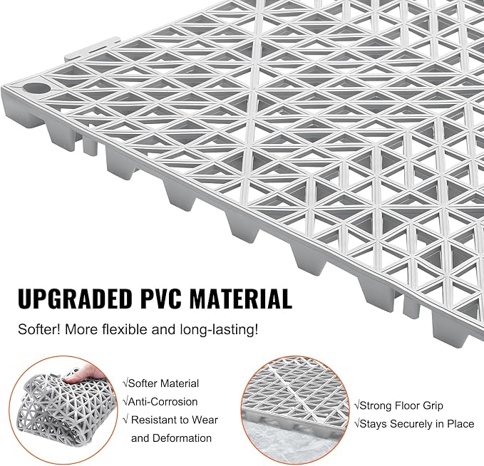 VEVOR Modular Interlocking Cushion, 12 Pack 12" x 12" Splicing Drainage Mats, Soft PVC Interlocking Drainage Floor Tiles, Non-Slip Drainage Holes for Restroom, Bathroom, Kitchen, Pool, Wet Areas, Gray
