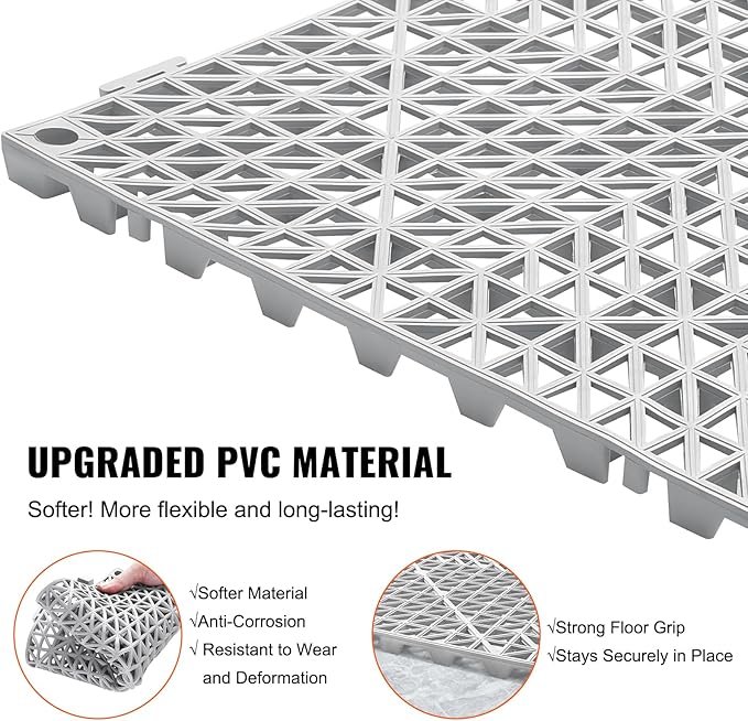 VEVOR Interlocking Tile 55PCS, Drainage Tiles 12" x 12" Splicing, Soft PVC Interlocking Drainage Floor Tiles, Non-Slip Drainage Holes for Restroom, Bathroom, Kitchen, Pool, Wet Areas, Grey